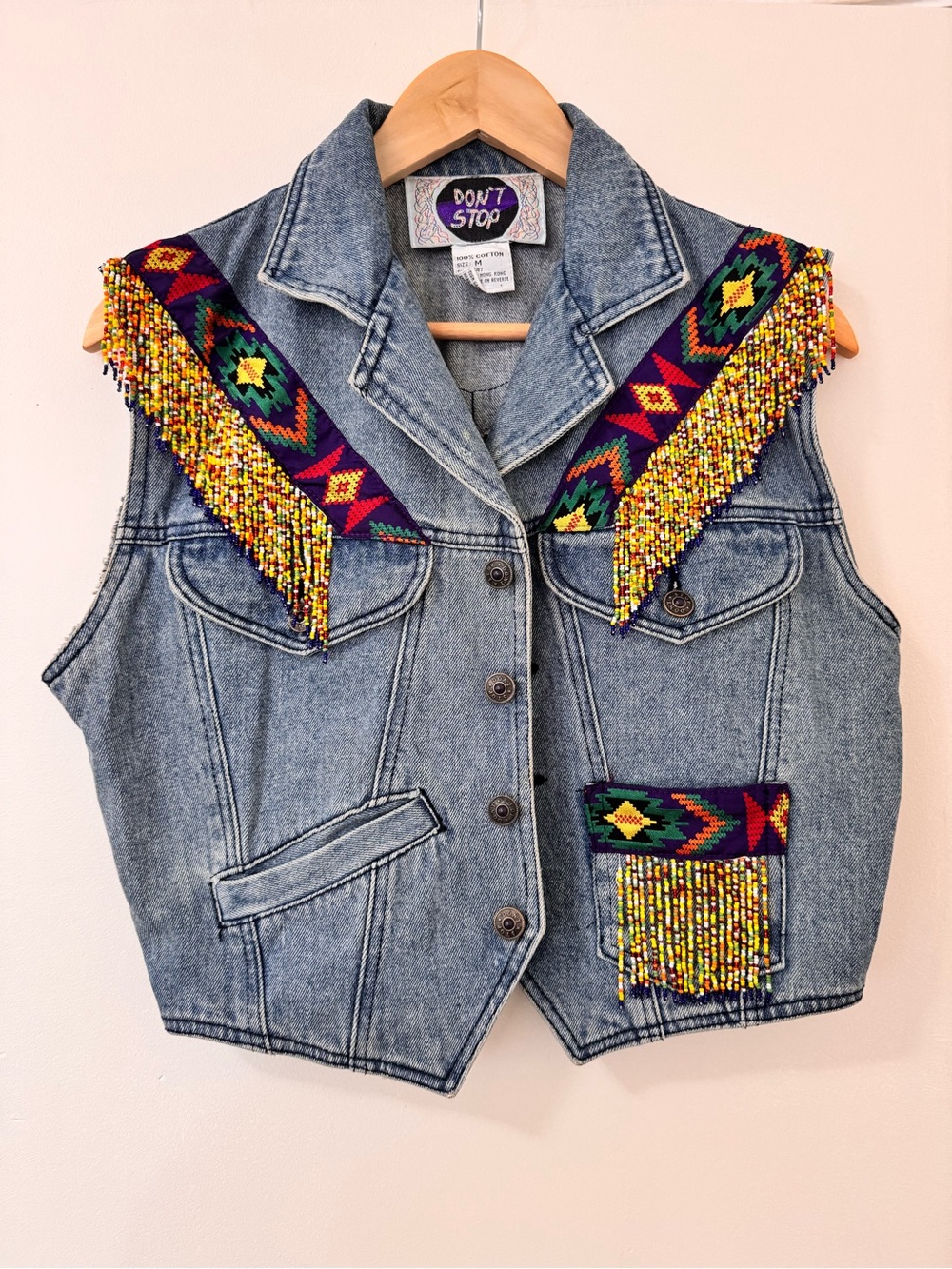 Vintage 80s/90s Don’t Stop Beaded Denim Vest Southwestern Western Size M